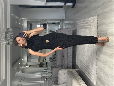 Siyah Halter Yaka Salyangoz Tokalı Simli Maxi Boy Kadın Elbise