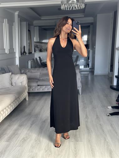 Siyah Halter Yaka Sırt Dekolteli Sandy Maksi Boy Kadın Elbise
