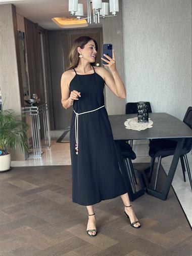 Siyah Ham Keten Yüzücü Yaka Askılı Kemerli Kadın Elbise 