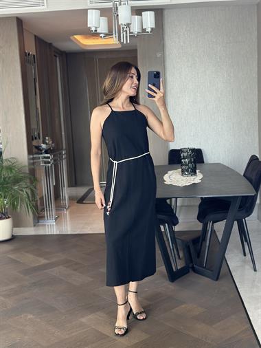 Siyah Ham Keten Yüzücü Yaka Askılı Kemerli Kadın Elbise 