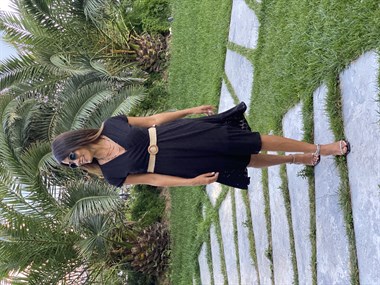 Siyah Hasır Kemerli Anvelop Örme Brode Kadın Elbise