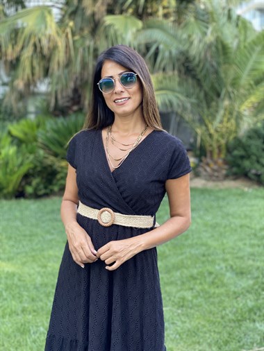 Siyah Hasır Kemerli Anvelop Örme Brode Kadın Elbise