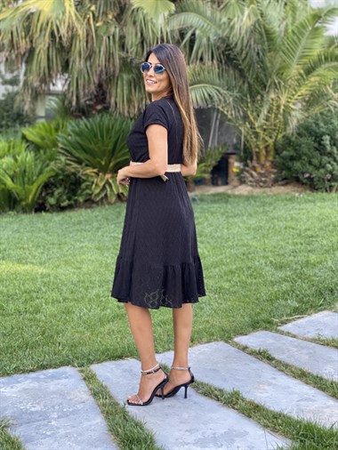 Siyah Hasır Kemerli Anvelop Örme Brode Kadın Elbise