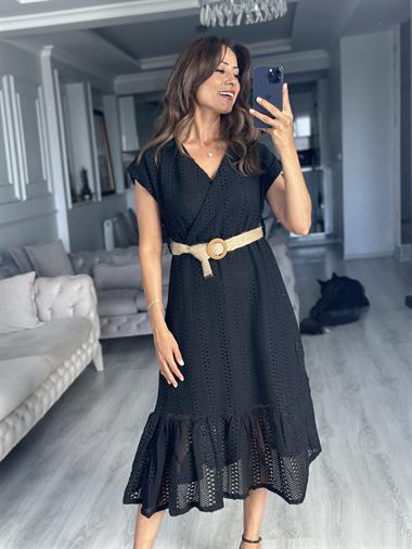 Siyah Hasır Kemerli Dantel Kadın Elbise