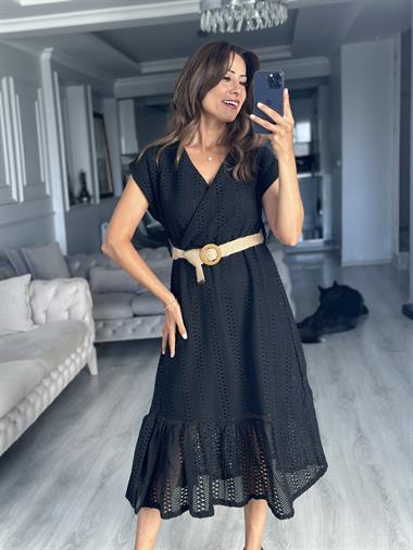 Siyah Hasır Kemerli Dantel Kadın Elbise