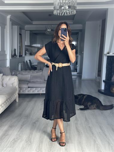 Siyah Hasır Kemerli Dantel Kadın Elbise