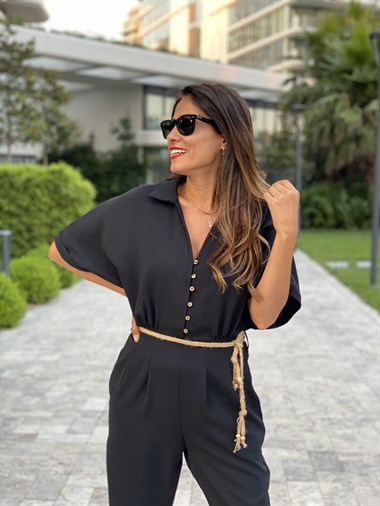 Siyah Hasır Kemerli Yarasa Kol Kadın Tulum