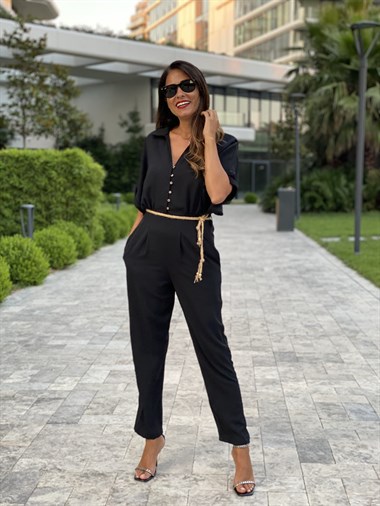 Siyah Hasır Kemerli Yarasa Kol Kadın Tulum