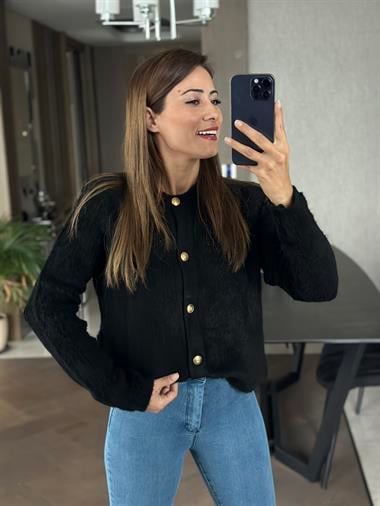 Siyah Havlu Örgü Teddy Kadın Hırka