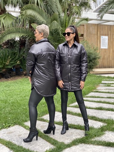 Siyah İçi Elyaf Önü Cepli Kadın Ceket Mont