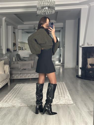 Siyah İçi Şortlu Yandan Fermuarlı Kadın Mini Etek