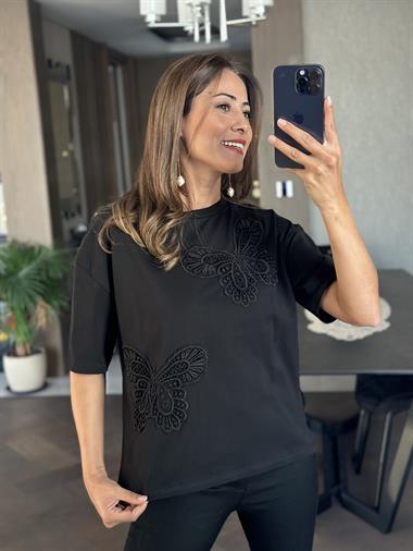 Siyah İki Kelebek Güpür Detay Bisiklet Yaka Kadın T-shirt