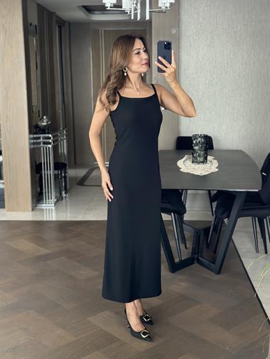 Siyah İnce Askılı Ottoman Kumaş Arkası Yırtmaçlı Kadın Elbise 