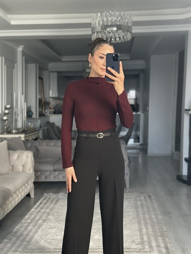 Siyah İnce Kemerli Likralı Palazzo Kadın Pantolon