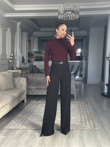 Siyah İnce Kemerli Likralı Palazzo Kadın Pantolon