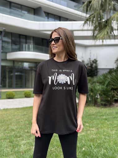 Siyah İnci Detay Bisiklet Yaka Kadın T-Shirt