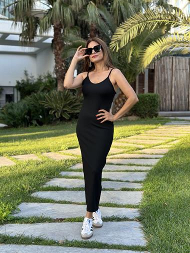 Siyah İp Askılı Kaşkorse Kadın Elbise 
