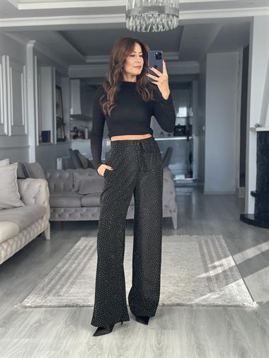 Siyah Işıltılı Beli Lastikli Cepli Kadın Pantolon