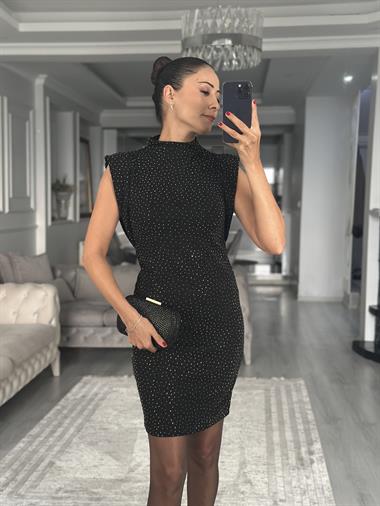 Siyah Işıltılı Dik Yaka Sıfır Kol Kadın Mini Elbise 