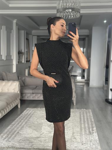 Siyah Işıltılı Dik Yaka Sıfır Kol Kadın Mini Elbise 