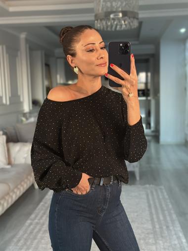 Siyah Işıltılı Yarasa Kol Kadın Bluz