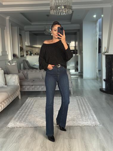 Siyah Işıltılı Yarasa Kol Kadın Bluz