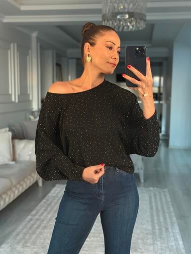 Siyah Işıltılı Yarasa Kol Kadın Bluz