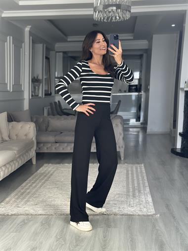 Siyah İthal Kumaş Beli Lastikli Kadın Yürüyüş Pantolon