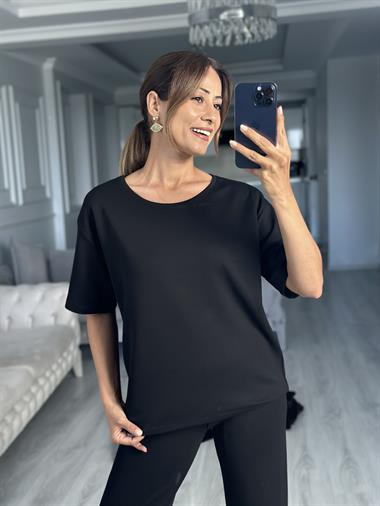 Siyah İthal Kumaş T-Shirt Cepsiz Pantolon Kadın İkili Takımı