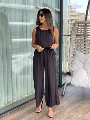 Siyah Jakarlı Beli Lastikli Kadın Tulum