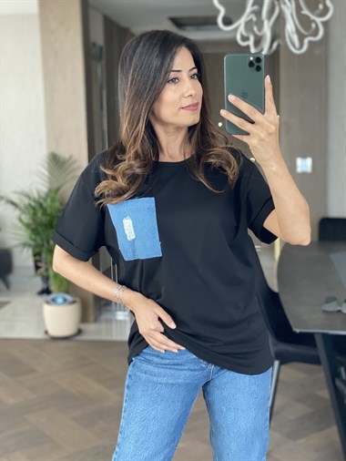 Siyah Jean Detay Çift Cepli T-Shirt
