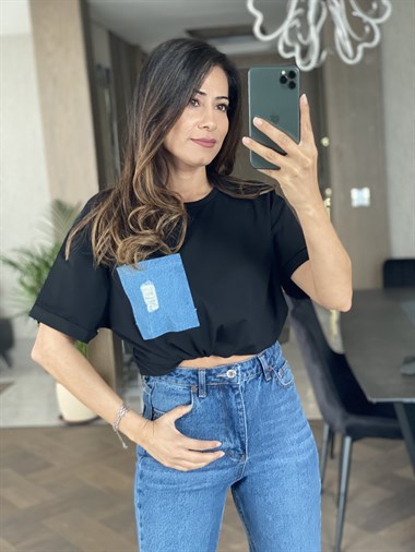 Siyah Jean Detay Çift Cepli T-Shirt