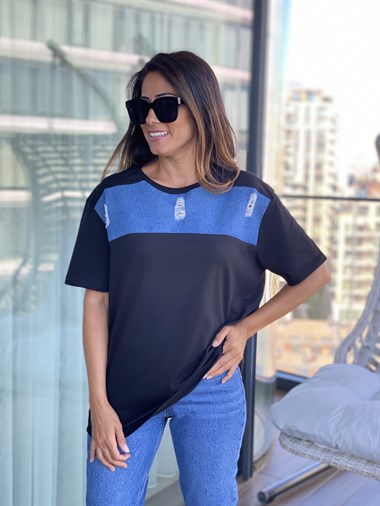 Siyah Jean Detay Yırtıklı Bisiklet Yaka Kadın T-Shirt 