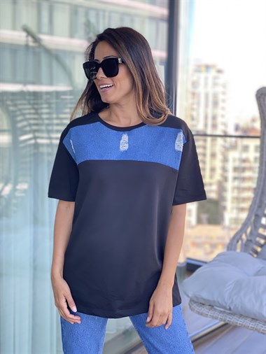 Siyah Jean Detay Yırtıklı Bisiklet Yaka Kadın T-Shirt 