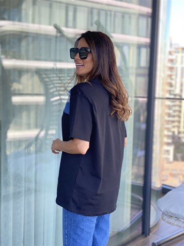 Siyah Jean Detay Yırtıklı Bisiklet Yaka Kadın T-Shirt 