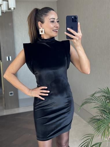 Siyah Kadife Dik Yaka Vatka Görünümlü Kadın Mini Elbise