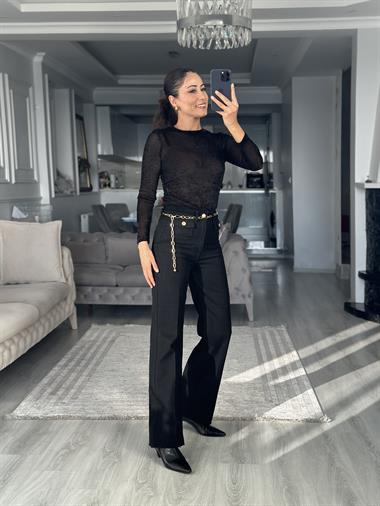 Siyah Kadife Dokulu Bisiklet Yaka Transparan Kadın Bluz