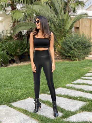 Siyah Yüksek Bel Kadife Görünümlü Kadın Deri Tayt