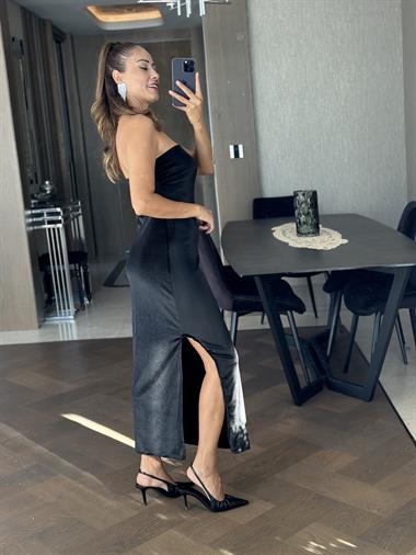 Siyah Kadife Straplez Yırtmaçlı Kadın Elbise