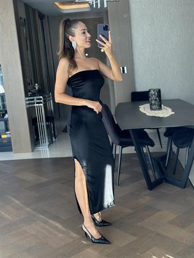 Siyah Kadife Straplez Yırtmaçlı Kadın Elbise