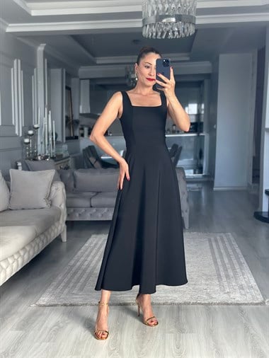 Siyah Kalın Askılı Arkadan Bağlamalı Füsun Midi Boy Kadın Elbise 