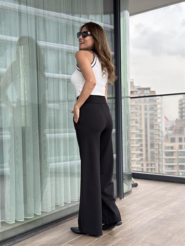 Siyah Kalın Kemerli Likralı Krep Palazzo Kadın Pantolon