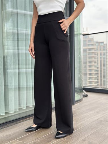 Siyah Kalın Kemerli Likralı Krep Palazzo Kadın Pantolon