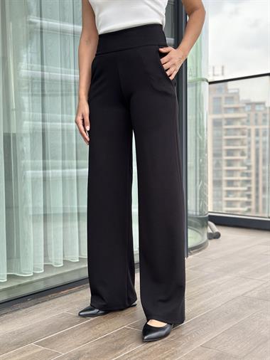 Siyah Kalın Kemerli Likralı Krep Palazzo Kadın Pantolon