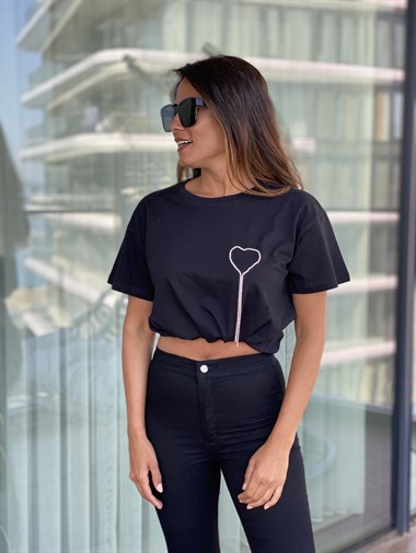 Siyah Kalp Taş Detaylı Kadın T-Shirt