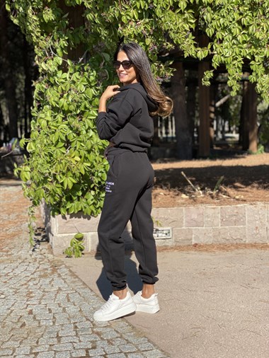 Siyah Kanguru Cep Yazı Baskılı Kadın Eşofman Takım