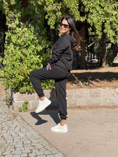 Siyah Kanguru Cep Yazı Baskılı Kadın Eşofman Takım