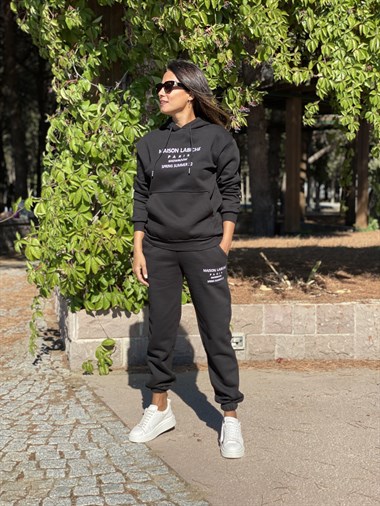 Siyah Kanguru Cep Yazı Baskılı Kadın Eşofman Takım