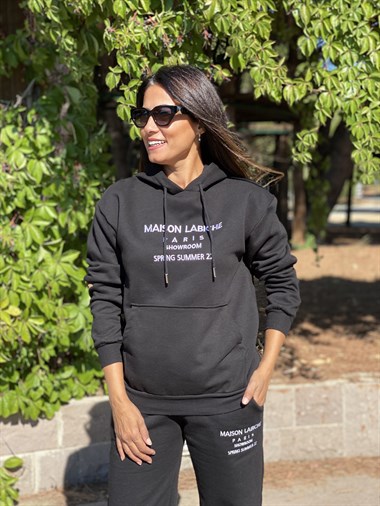 Siyah Kanguru Cep Yazı Baskılı Kadın Eşofman Takım