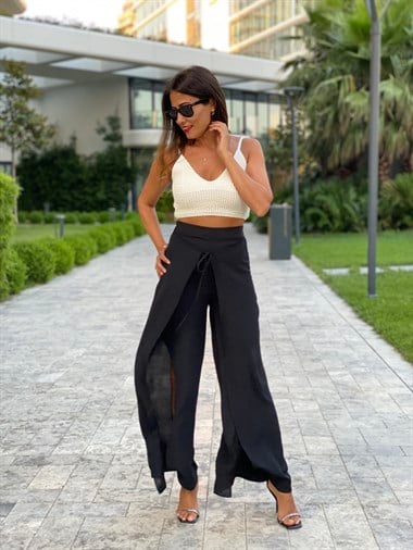 Siyah Kapaklı Yanı Yırtmaçlı Kadın Şalvar Pantolon